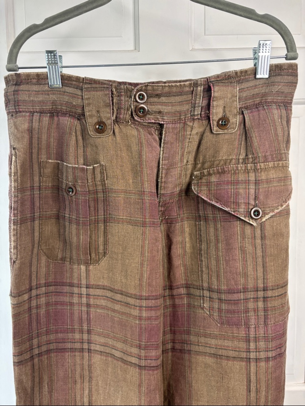 VTG Polo Ralph Lauren Green + Mauve Plaid Linen Men’s Pants With Button Detail